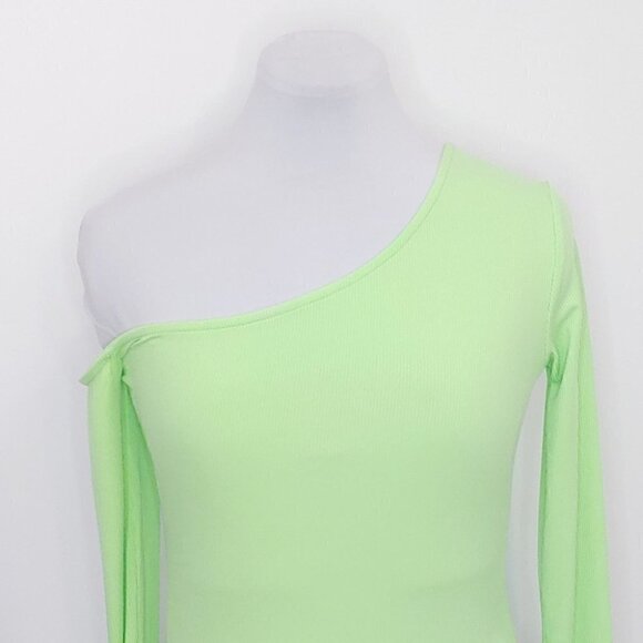 NWOT DEBASE off-shoulder ribbed long sleeves neon green bodysuit - Picture 5 of 13